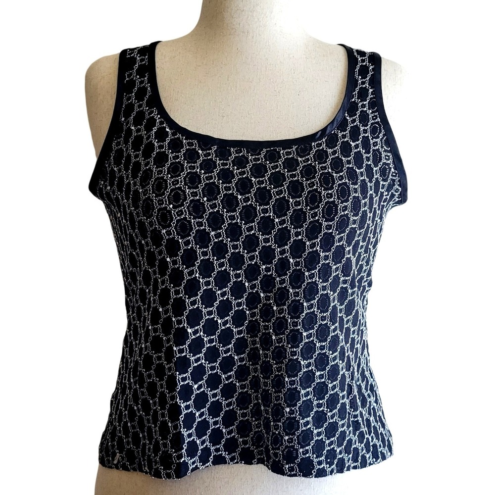 Vintage 90s Barami Tank Top M Black White Italian Honeycomb Lace Fabric USA made